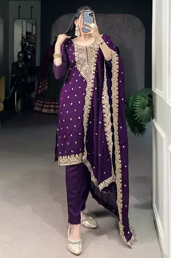 Bewitching Purple Thread Embroidery Silk Traditional Pant Suit