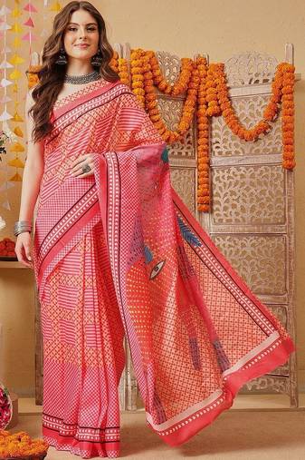 Red printed cotton blend ethnic saree with blouse piece
