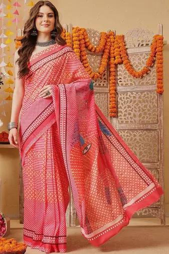 Red printed cotton blend ethnic saree with blouse piece