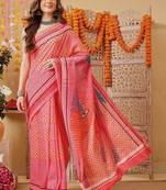 Red printed cotton blend ethnic saree with blouse piece