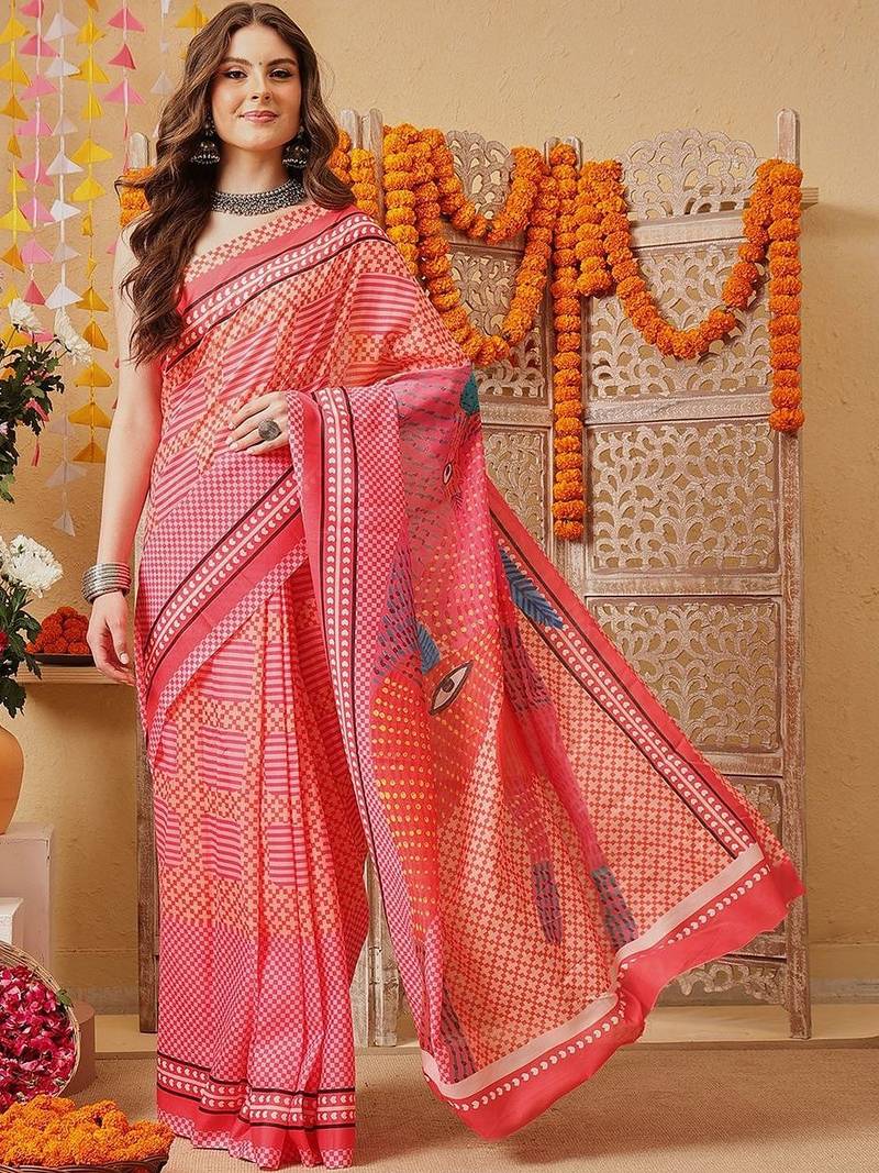 Red printed cotton blend ethnic saree with blouse piece