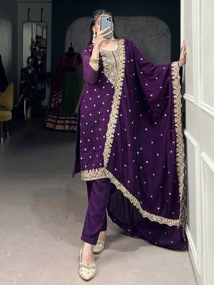 Purple Thread Embroidery Silk Traditional Pant Suit 3