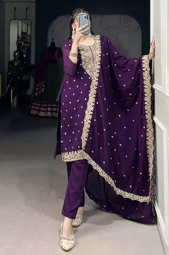 Bewitching Purple Thread Embroidery Silk Traditional Pant Suit