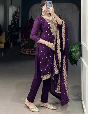 Purple Thread Embroidery Silk Traditional Pant Suit 4