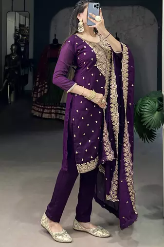 Bewitching Purple Thread Embroidery Silk Traditional Pant Suit