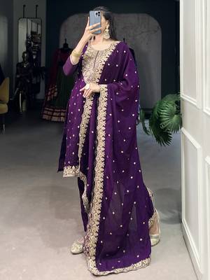 Purple Thread Embroidery Silk Traditional Pant Suit 5