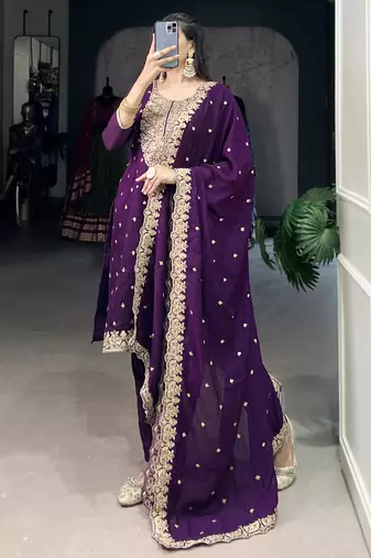 Bewitching Purple Thread Embroidery Silk Traditional Pant Suit