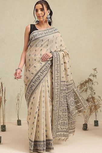 Cream printed cotton blend ethnic saree with blouse piece