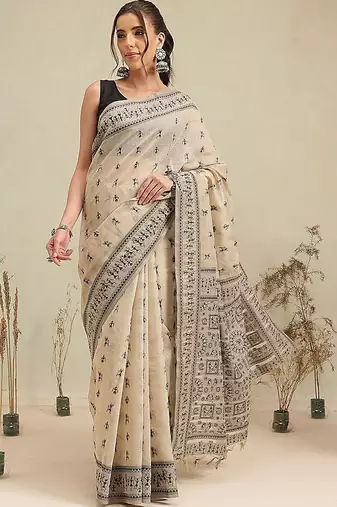 Cream printed cotton blend ethnic saree with blouse piece