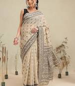 Cream printed cotton blend ethnic saree with blouse piece