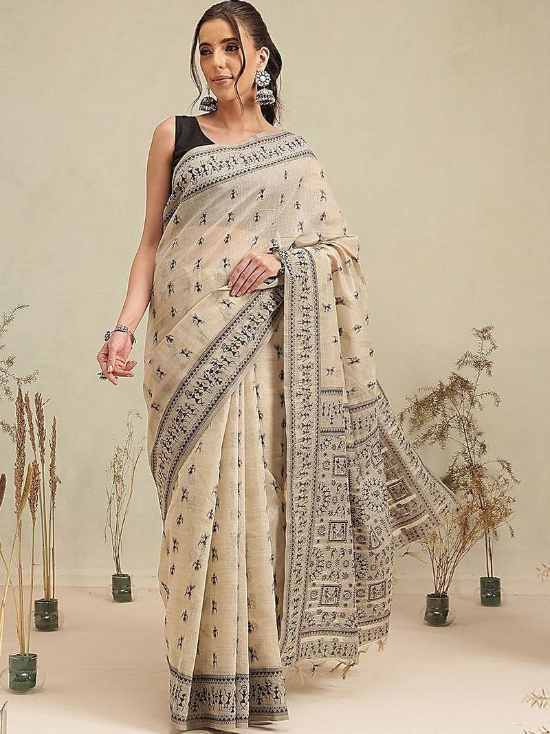 Cream printed cotton blend ethnic saree with blouse piece