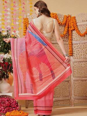 Red printed cotton blend ethnic saree with blouse piece 2