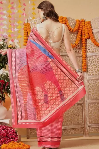 Red printed cotton blend ethnic saree with blouse piece