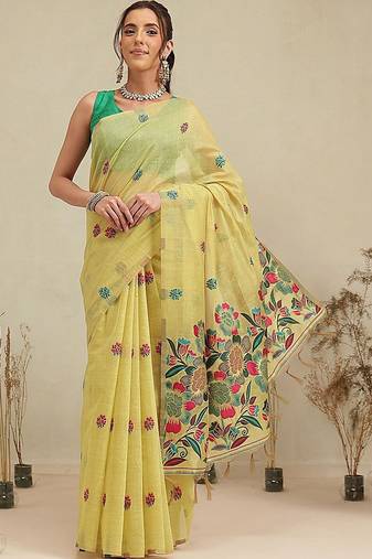 Yellow printed cotton blend ethnic saree with blouse piece