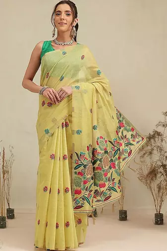 Yellow printed cotton blend ethnic saree with blouse piece