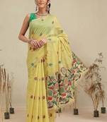 Yellow printed cotton blend ethnic saree with blouse piece