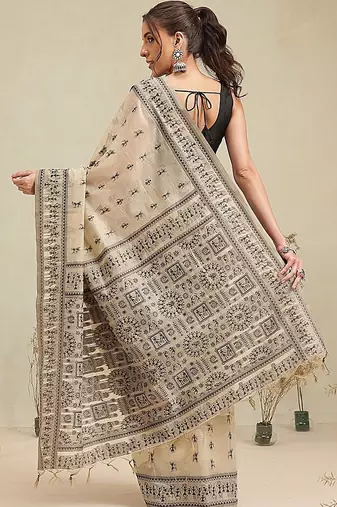 Cream printed cotton blend ethnic saree with blouse piece