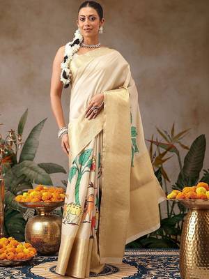 Cream printed tissue traditional saree with blouse piece 1