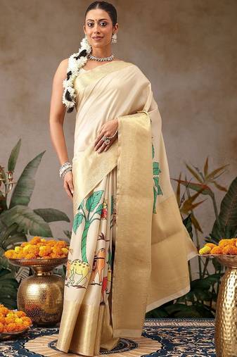 Cream printed tissue traditional saree with blouse piece