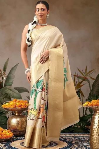 Cream printed tissue traditional saree with blouse piece