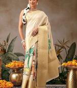 Cream printed tissue traditional saree with blouse piece