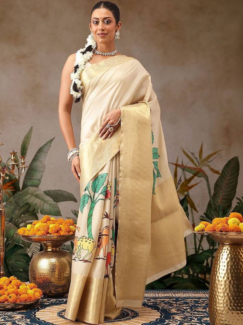 Cream printed tissue traditional saree with blouse piece