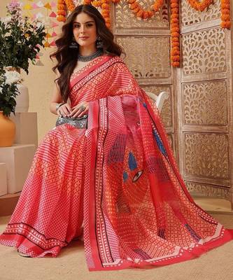 Red printed cotton blend ethnic saree with blouse piece 3