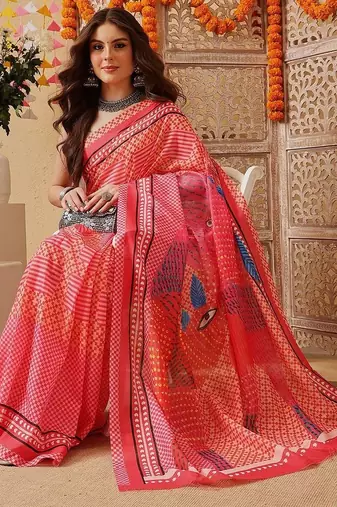 Red printed cotton blend ethnic saree with blouse piece