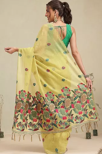 Yellow printed cotton blend ethnic saree with blouse piece
