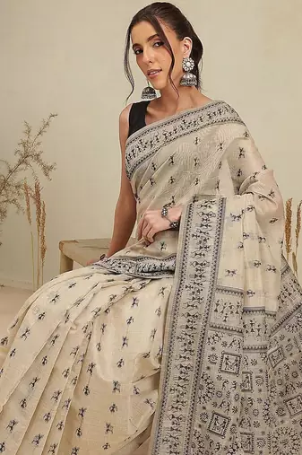 Cream printed cotton blend ethnic saree with blouse piece