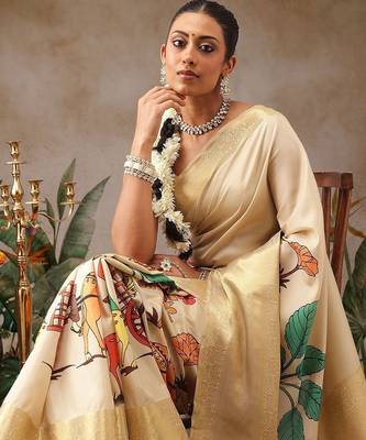 Cream printed tissue traditional saree with blouse piece 2
