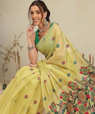 Yellow printed cotton blend ethnic saree with blouse piece 3