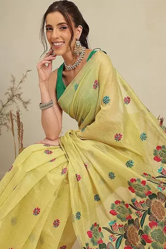 Yellow printed cotton blend ethnic saree with blouse piece