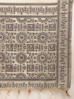 Cream printed cotton blend ethnic saree with blouse piece 4