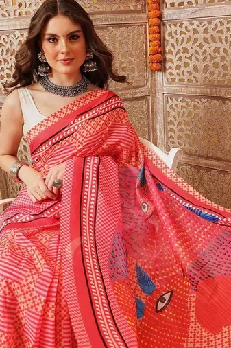 Red printed cotton blend ethnic saree with blouse piece