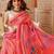 Red printed cotton blend ethnic saree with blouse piece