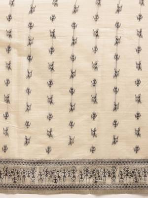 Cream printed cotton blend ethnic saree with blouse piece 5