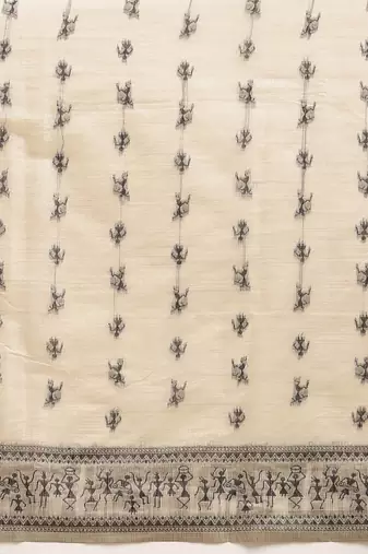 Cream printed cotton blend ethnic saree with blouse piece