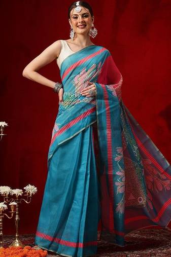 Blue printed cotton blend ethnic saree with blouse piece