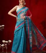 Blue printed cotton blend ethnic saree with blouse piece