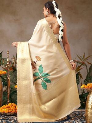 Cream printed tissue traditional saree with blouse piece 3