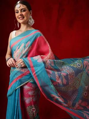 Blue printed cotton blend ethnic saree with blouse piece 2