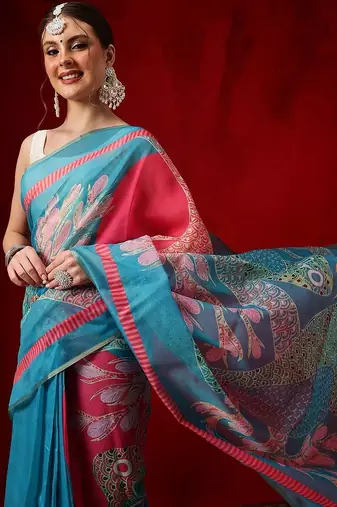 Blue printed cotton blend ethnic saree with blouse piece
