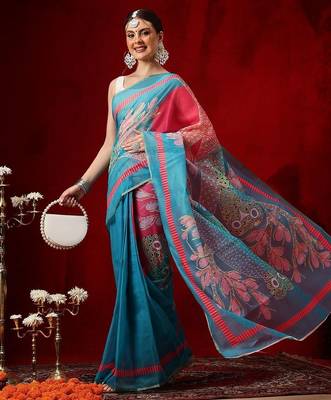 Blue printed cotton blend ethnic saree with blouse piece 3