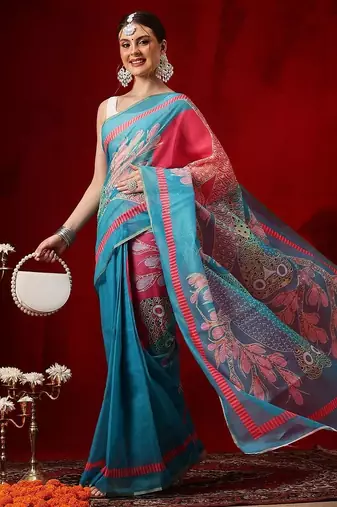Blue printed cotton blend ethnic saree with blouse piece