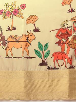 Cream printed tissue traditional saree with blouse piece 5