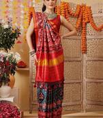 Red printed silk cotton traditional saree with blouse piece