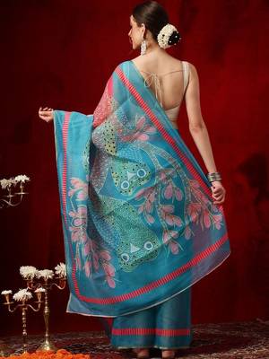 Blue printed cotton blend ethnic saree with blouse piece 4