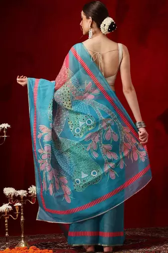 Blue printed cotton blend ethnic saree with blouse piece