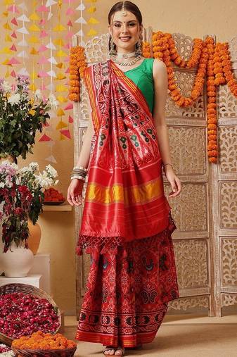 Red printed silk cotton traditional saree with blouse piece